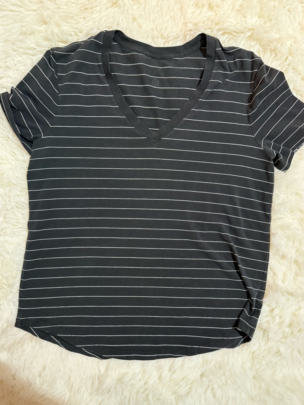 lululemon athletica Black V-Neck Short Sleeve Tee with White Stripes